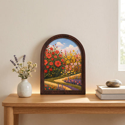 Blooming Flower Field Wall Art, Arched Wooden Frame, Colorful Botanical Landscape Print, Farmhouse Cottagecore Decor, Cheerful Home Gift - Image 3