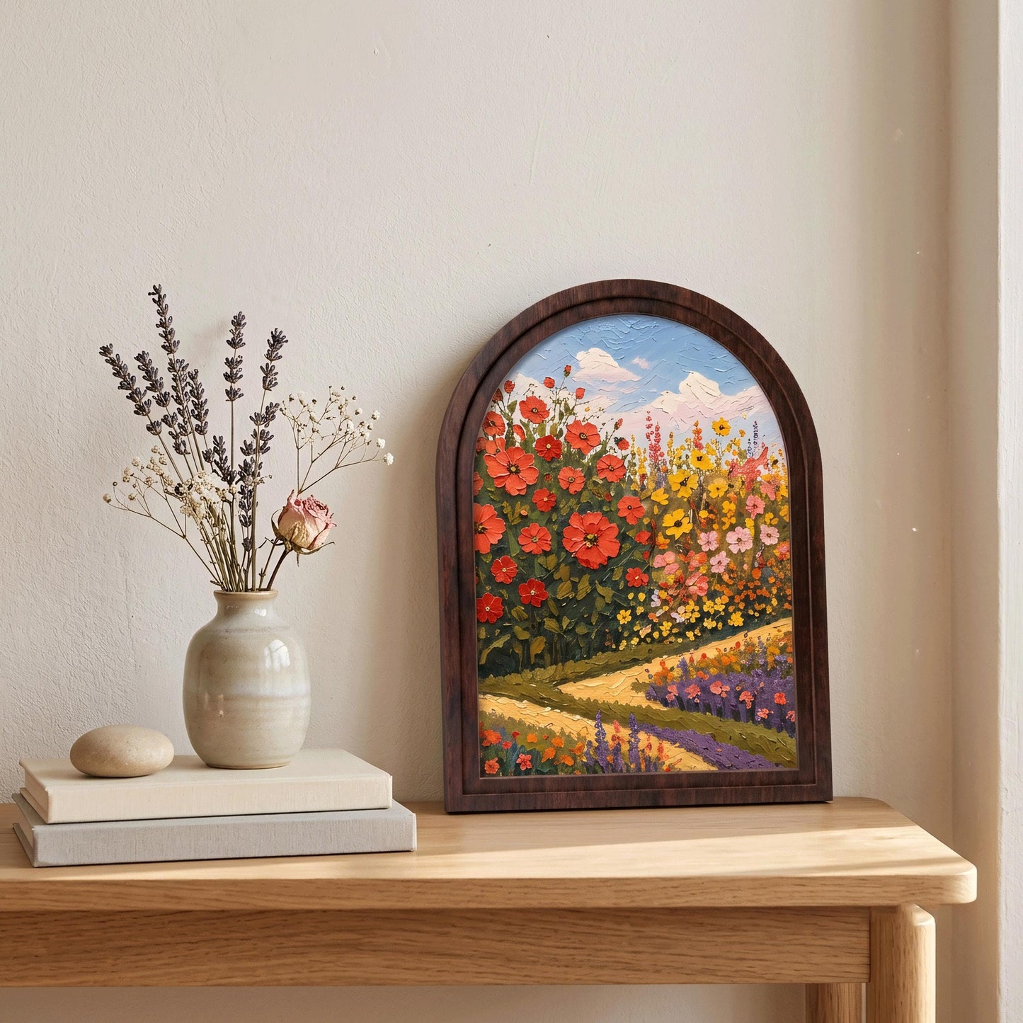 Blooming Flower Field Wall Art, Arched Wooden Frame, Colorful Botanical Landscape Print, Farmhouse Cottagecore Decor, Cheerful Home Gift - Image 7