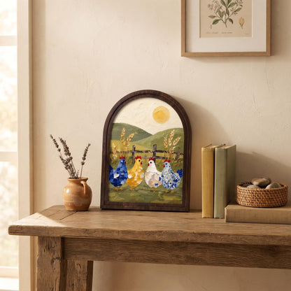 Rustic Chicken Wall Art with Wood Arched Frame, Colorful Farmhouse Hen Painting, Country Cottage Decor, Vintage Rustic Home Wall Decor - Image 7