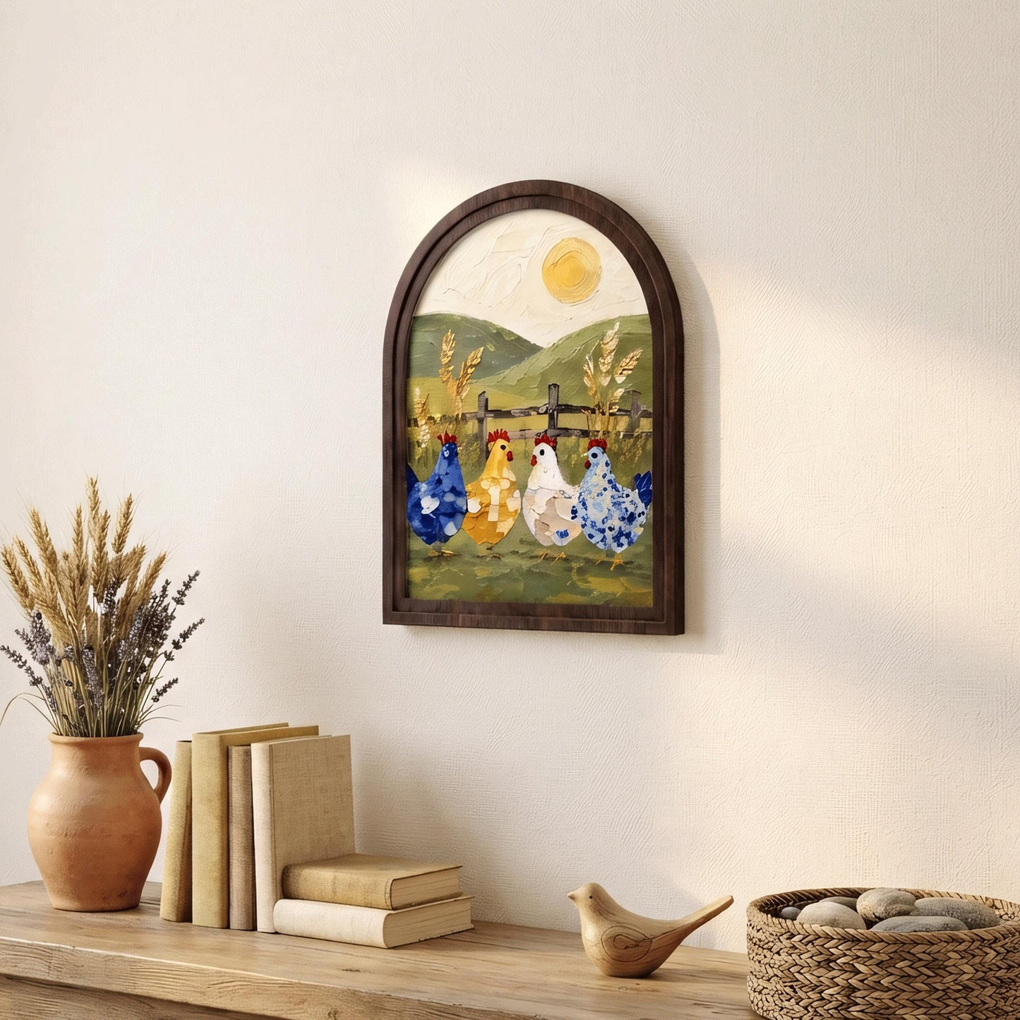 Rustic Chicken Wall Art with Wood Arched Frame, Colorful Farmhouse Hen Painting, Country Cottage Decor, Vintage Rustic Home Wall Decor - Image 6