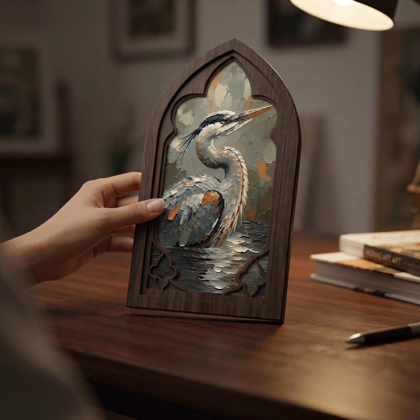 Heron Bird Wall Art, Gothic Window Wood Frame Canvas, Elegant Wildlife Painting, Lake House Decor, Bird Lover Gift - Image 5