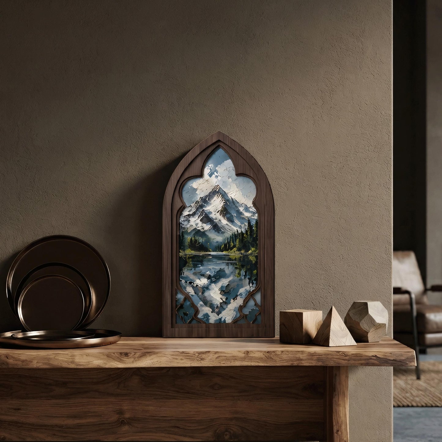 Snow Mountain Wall Art, Gothic Window Wood Frame Canvas, Lake Reflection Landscape, Rustic Mountain Home Decor, Nature Lover Gift - Image 6