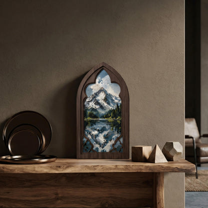 Snow Mountain Wall Art, Gothic Window Wood Frame Canvas, Lake Reflection Landscape, Rustic Mountain Home Decor, Nature Lover Gift - Image 6