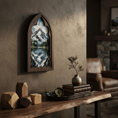 Snow Mountain Wall Art, Gothic Window Wood Frame Canvas, Lake Reflection Landscape, Rustic Mountain Home Decor, Nature Lover Gift - Image 4
