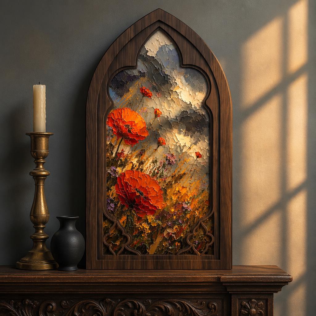 Poppy Flower Wall Art, Gothic Window Wood Framed Canvas, Vintage Botanical Painting, Cottagecore Floral Decor, Rustic Nature Wall Art - Image 2