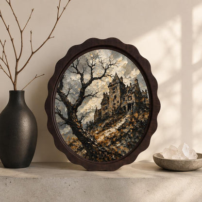 Gothic Castle Wall Art, Wavy Oval Wood Frame, Haunted Mansion Canvas Print, Moody Landscape Decor, Halloween Wall Hanging - Image 1