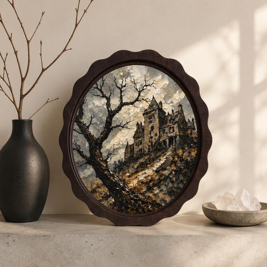 Gothic Castle Wall Art, Wavy Oval Wood Frame, Haunted Mansion Canvas Print, Moody Landscape Decor, Halloween Wall Hanging - Image 1