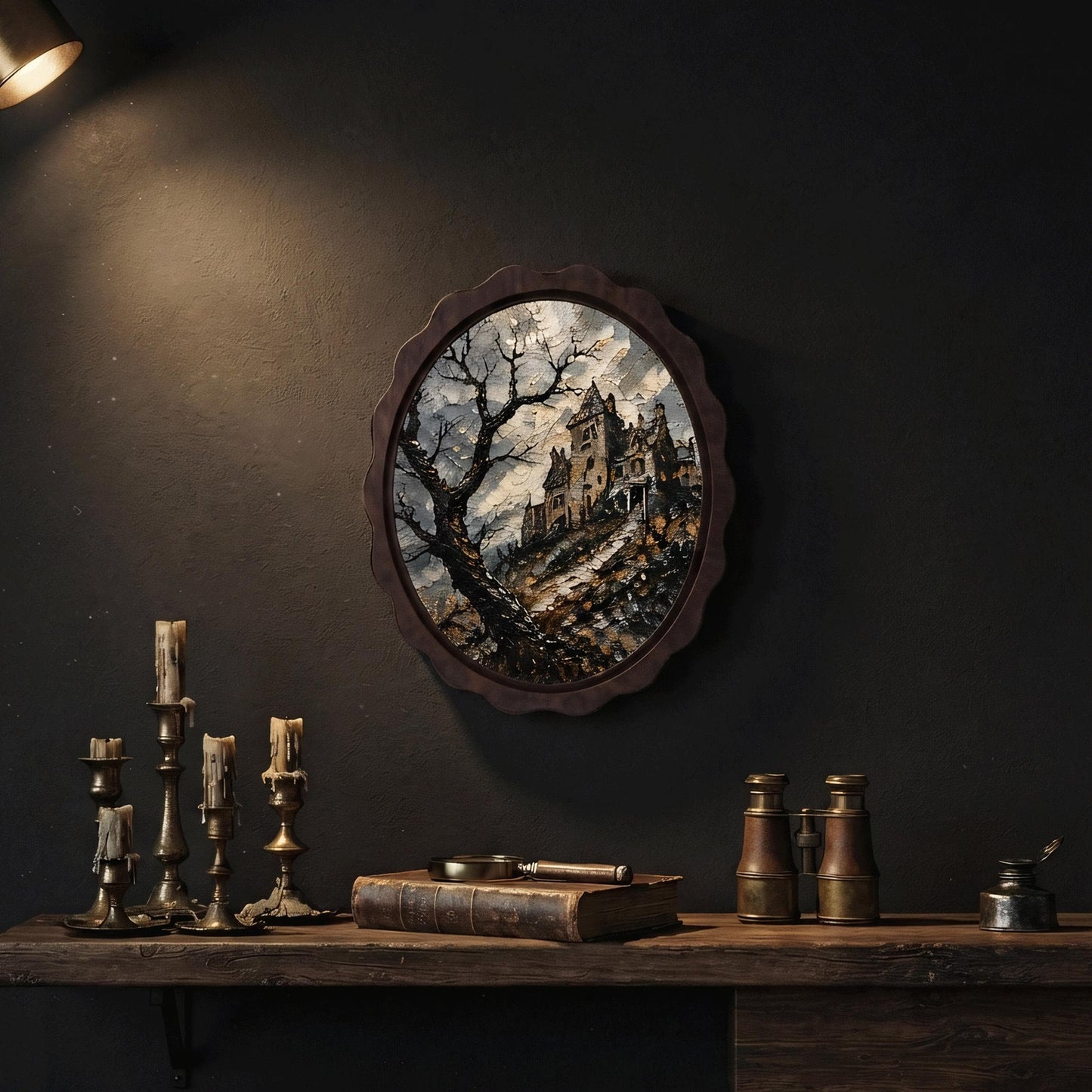 Gothic Castle Wall Art, Wavy Oval Wood Frame, Haunted Mansion Canvas Print, Moody Landscape Decor, Halloween Wall Hanging - Image 5