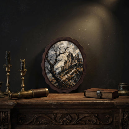 Gothic Castle Wall Art, Wavy Oval Wood Frame, Haunted Mansion Canvas Print, Moody Landscape Decor, Halloween Wall Hanging - Image 6