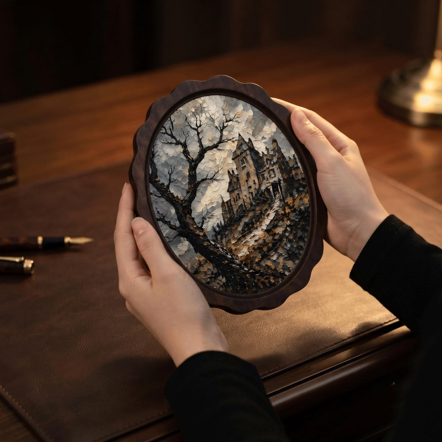 Gothic Castle Wall Art, Wavy Oval Wood Frame, Haunted Mansion Canvas Print, Moody Landscape Decor, Halloween Wall Hanging - Image 4