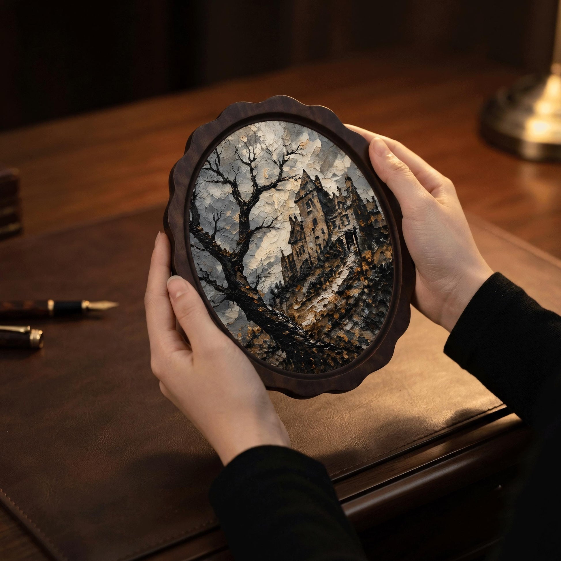 Gothic Castle Wall Art, Wavy Oval Wood Frame, Haunted Mansion Canvas Print, Moody Landscape Decor, Halloween Wall Hanging - Image 4
