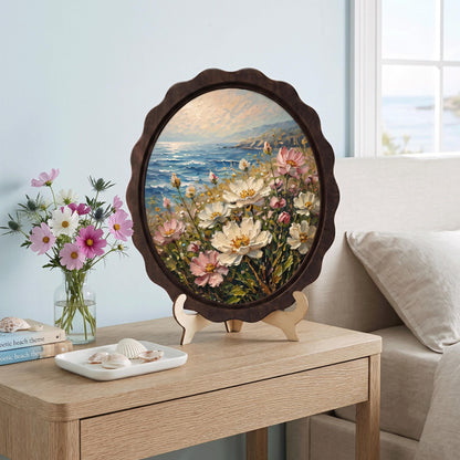 Coastal Botanical Wall Art, Wavy Oval Wood Frame, Wildflower Ocean Landscape, Rustic Beach House Decor, Nature Lover Gift - Image 4