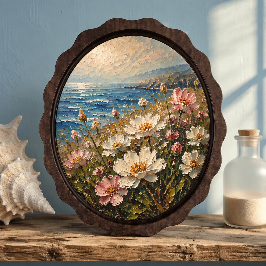 Coastal Botanical Wall Art, Wavy Oval Wood Frame, Wildflower Ocean Landscape, Rustic Beach House Decor, Nature Lover Gift - Image 1