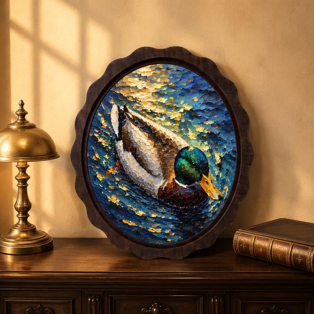 Mallard Duck Wall Art, Wavy Oval Wood Framed Canvas, Wildlife Lake Painting, Rustic Farmhouse Decor, Nature Bird Wall Art - Image 1