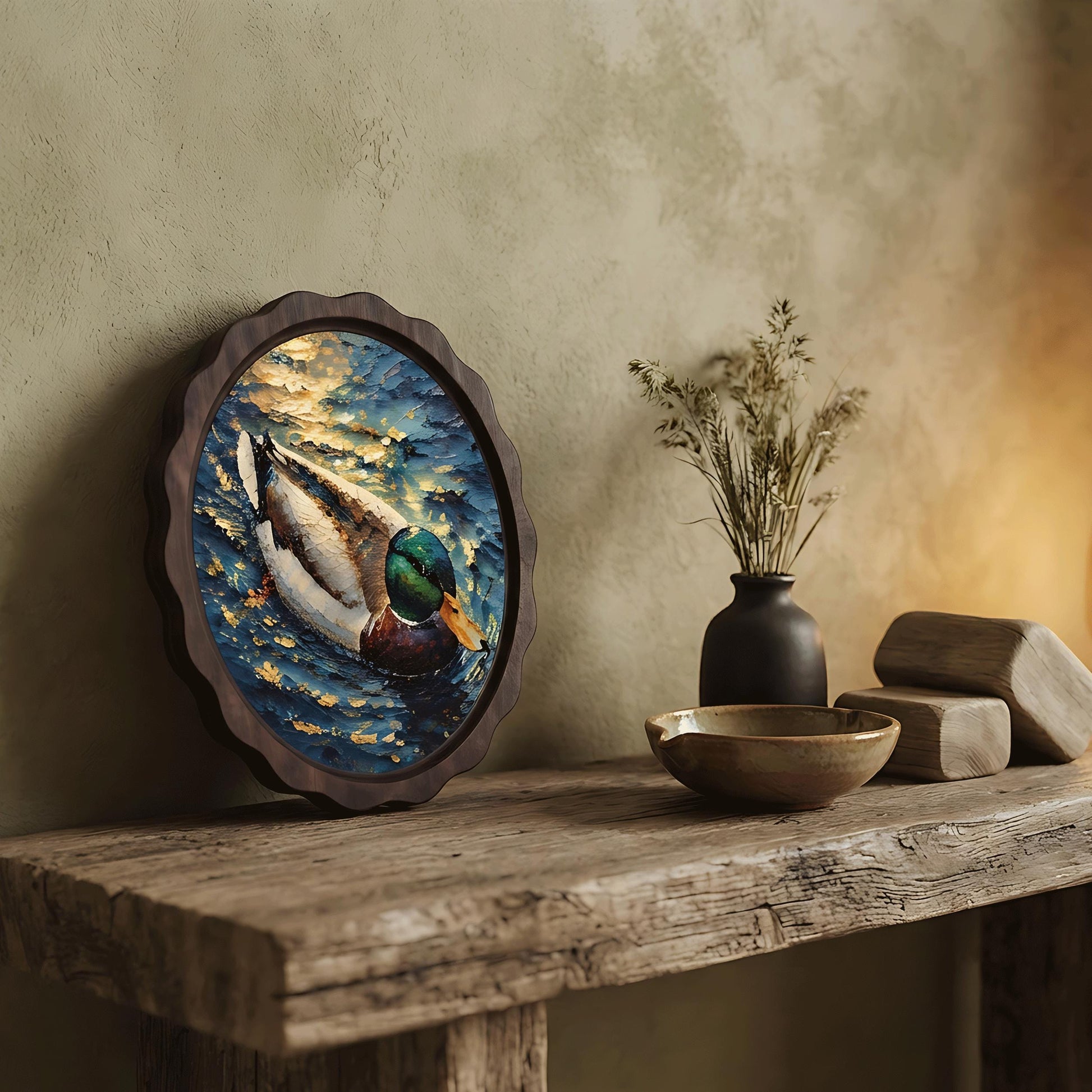 Mallard Duck Wall Art, Wavy Oval Wood Framed Canvas, Wildlife Lake Painting, Rustic Farmhouse Decor, Nature Bird Wall Art - Image 6