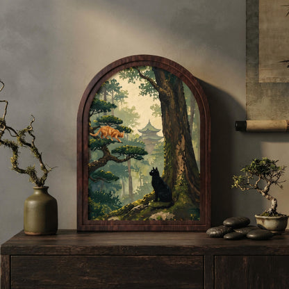 Arched Wood Frame Cat Wall Art, Black & Ginger Cat Forest Canvas Print, Woodland Temple Landscape, Cottagecore Nature Decor, Cat Lover Gift - Image 1