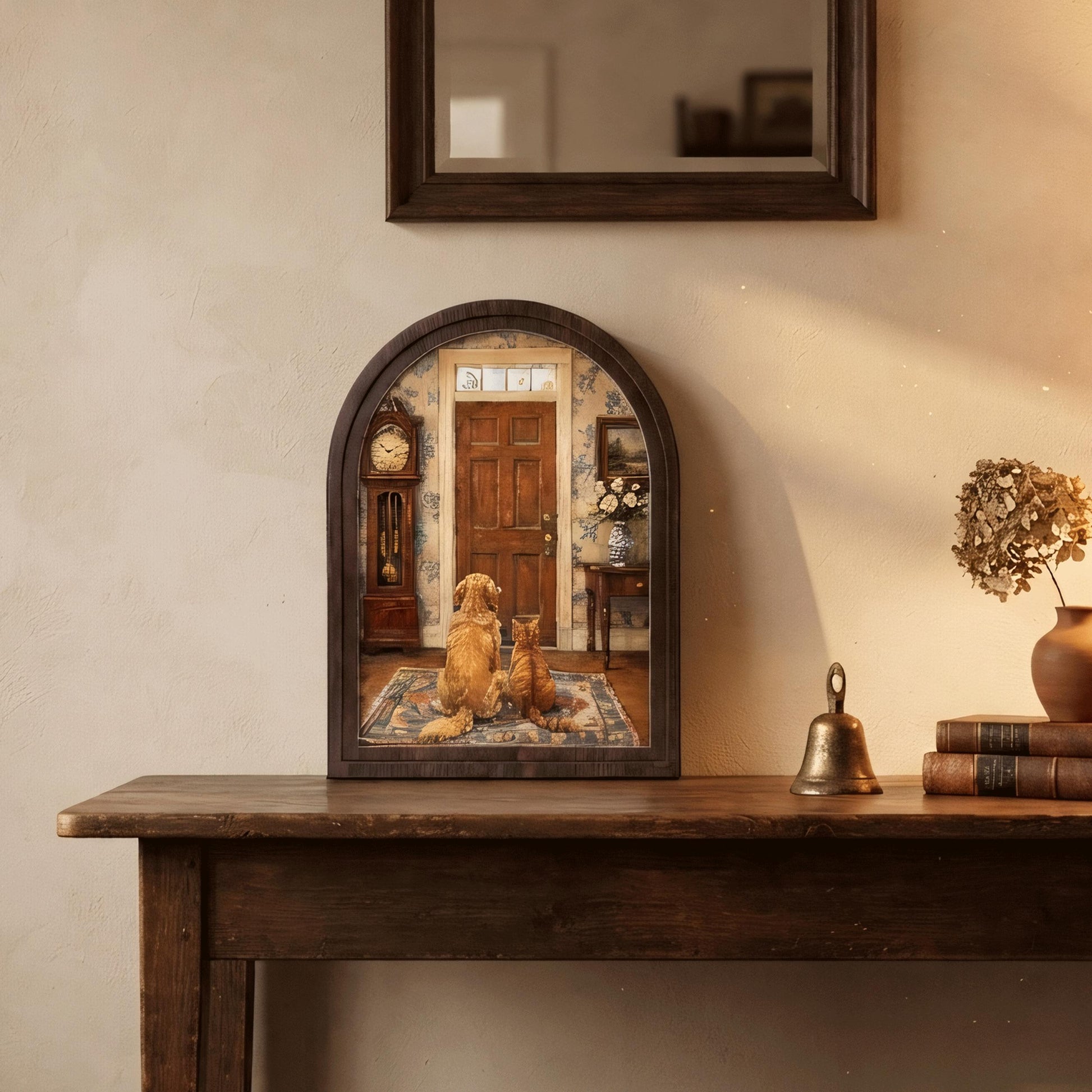Waiting at the Door Pet Wall Art, Arched Wood Framed Canvas, Dog & Cat Friendship Painting, Cozy Farmhouse Home Decor, Heartwarming Gift - Image 5