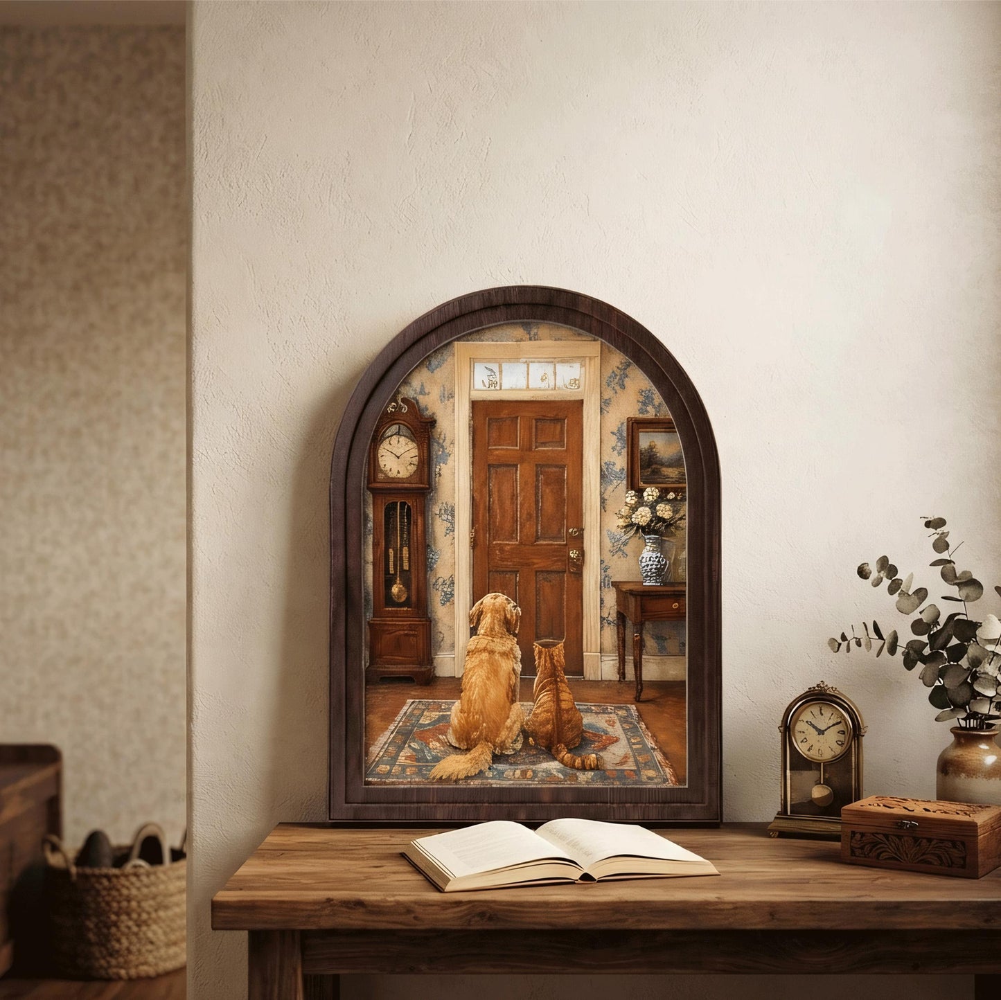 Waiting at the Door Pet Wall Art, Arched Wood Framed Canvas, Dog & Cat Friendship Painting, Cozy Farmhouse Home Decor, Heartwarming Gift - Image 2