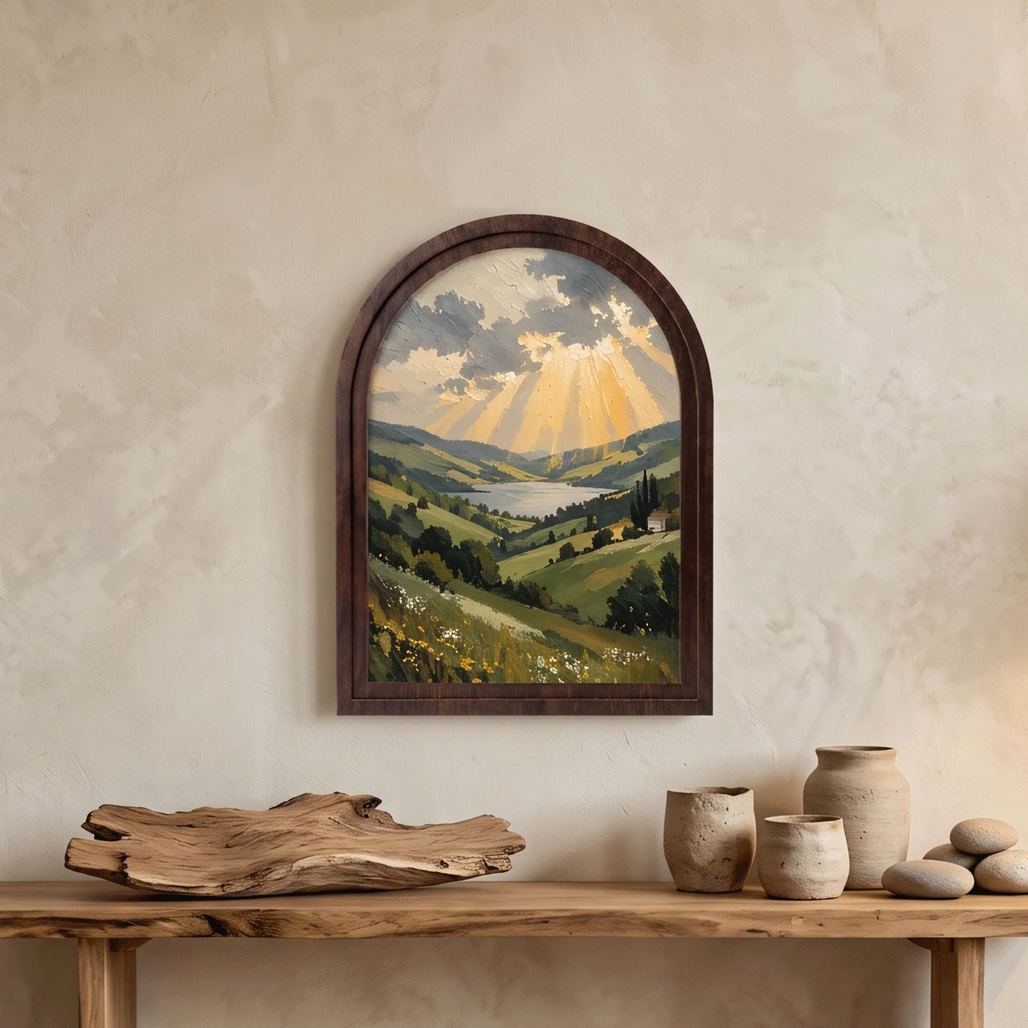 Serene Valley & Lake Wall Art, Arched Wooden Frame, Dramatic Sky Landscape, Rustic Country Home Decor, Nature Lover Housewarming Gift - Image 4