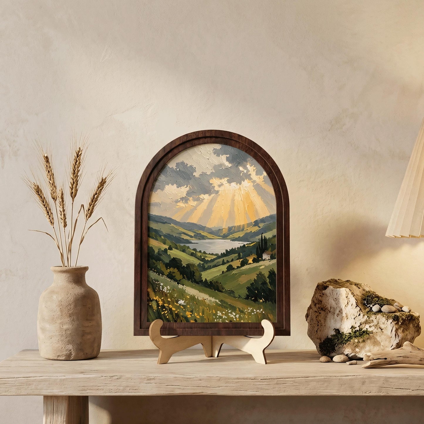 Serene Valley & Lake Wall Art, Arched Wooden Frame, Dramatic Sky Landscape, Rustic Country Home Decor, Nature Lover Housewarming Gift - Image 6