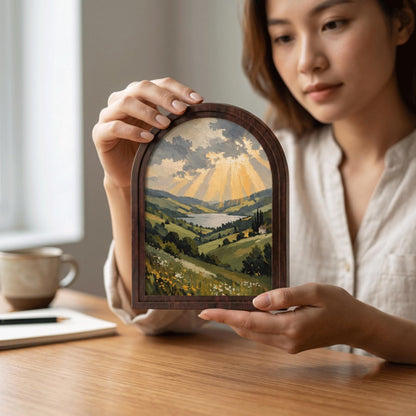 Serene Valley & Lake Wall Art, Arched Wooden Frame, Dramatic Sky Landscape, Rustic Country Home Decor, Nature Lover Housewarming Gift - Image 7