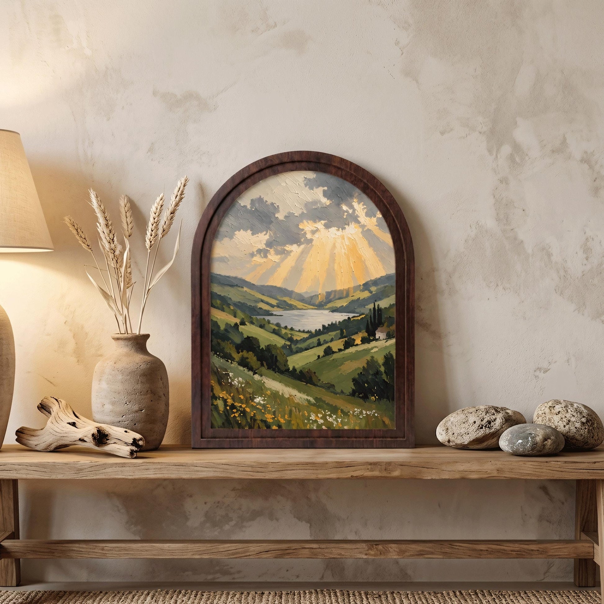 Serene Valley & Lake Wall Art, Arched Wooden Frame, Dramatic Sky Landscape, Rustic Country Home Decor, Nature Lover Housewarming Gift - Image 3