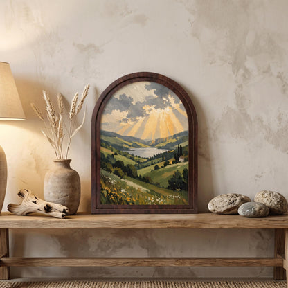 Serene Valley & Lake Wall Art, Arched Wooden Frame, Dramatic Sky Landscape, Rustic Country Home Decor, Nature Lover Housewarming Gift - Image 3