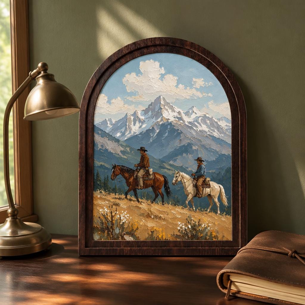 Western Cowboy Wall Art, Arched Wooden Frame, Horseback Mountain Landscape Canvas, Rustic Cabin Decor, Nature Lover Gift - Image 3