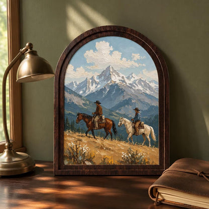 Western Cowboy Wall Art, Arched Wooden Frame, Horseback Mountain Landscape Canvas, Rustic Cabin Decor, Nature Lover Gift - Image 3