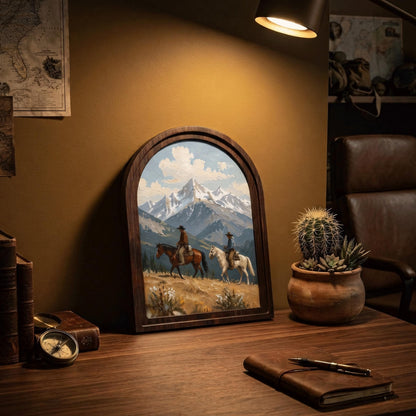 Western Cowboy Wall Art, Arched Wooden Frame, Horseback Mountain Landscape Canvas, Rustic Cabin Decor, Nature Lover Gift - Image 5