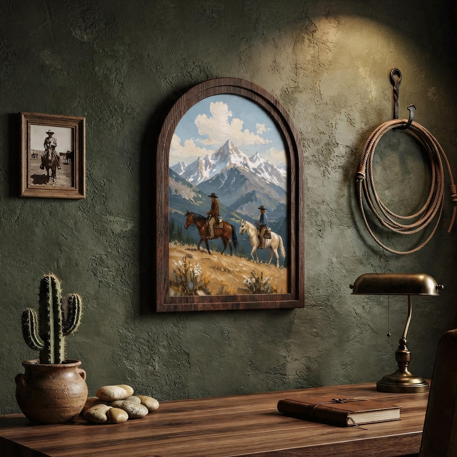 Western Cowboy Wall Art, Arched Wooden Frame, Horseback Mountain Landscape Canvas, Rustic Cabin Decor, Nature Lover Gift - Image 6