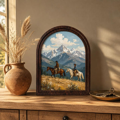 Western Cowboy Wall Art, Arched Wooden Frame, Horseback Mountain Landscape Canvas, Rustic Cabin Decor, Nature Lover Gift - Image 1