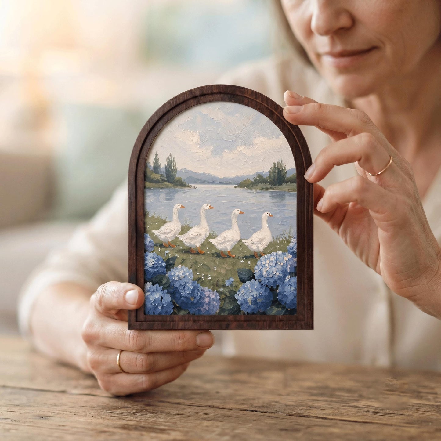 Duck Lake Wall Art, Serene Goose Landscape Painting, Arched Wood Frame, Cottagecore Farmhouse Decor, Coastal Nature Gift - Image 3