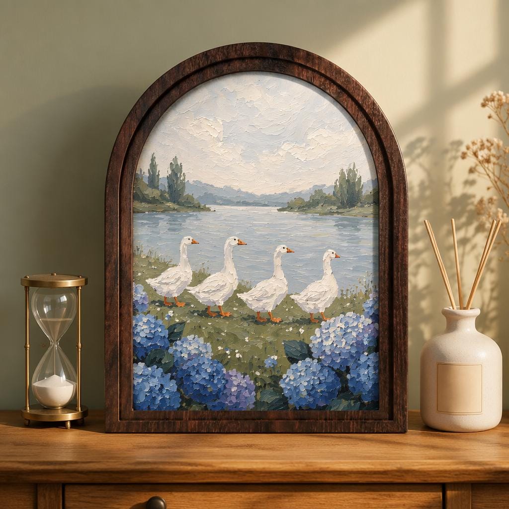 Duck Lake Wall Art, Serene Goose Landscape Painting, Arched Wood Frame, Cottagecore Farmhouse Decor, Coastal Nature Gift - Image 1