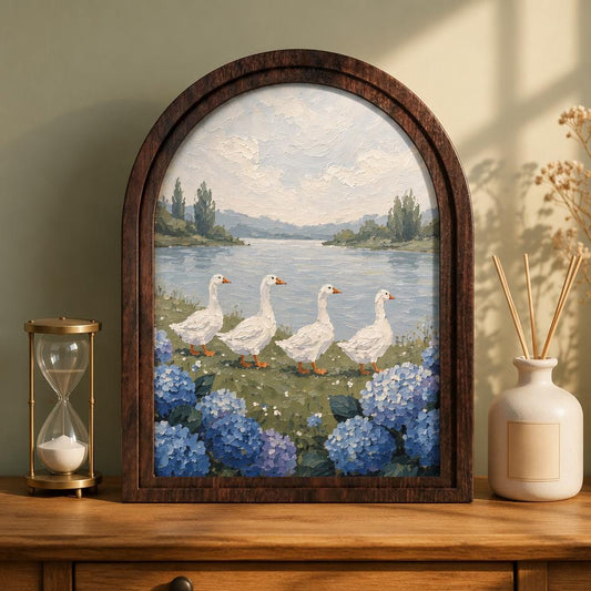 Duck Lake Wall Art, Serene Goose Landscape Painting, Arched Wood Frame, Cottagecore Farmhouse Decor, Coastal Nature Gift - Image 1