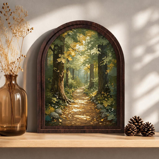 Enchanted Forest Path Wall Art in Arched Wood Frame, Vintage Woodland Landscape Canvas Print, Rustic Nature Decor, Cottagecore Wall Hanging - Image 1