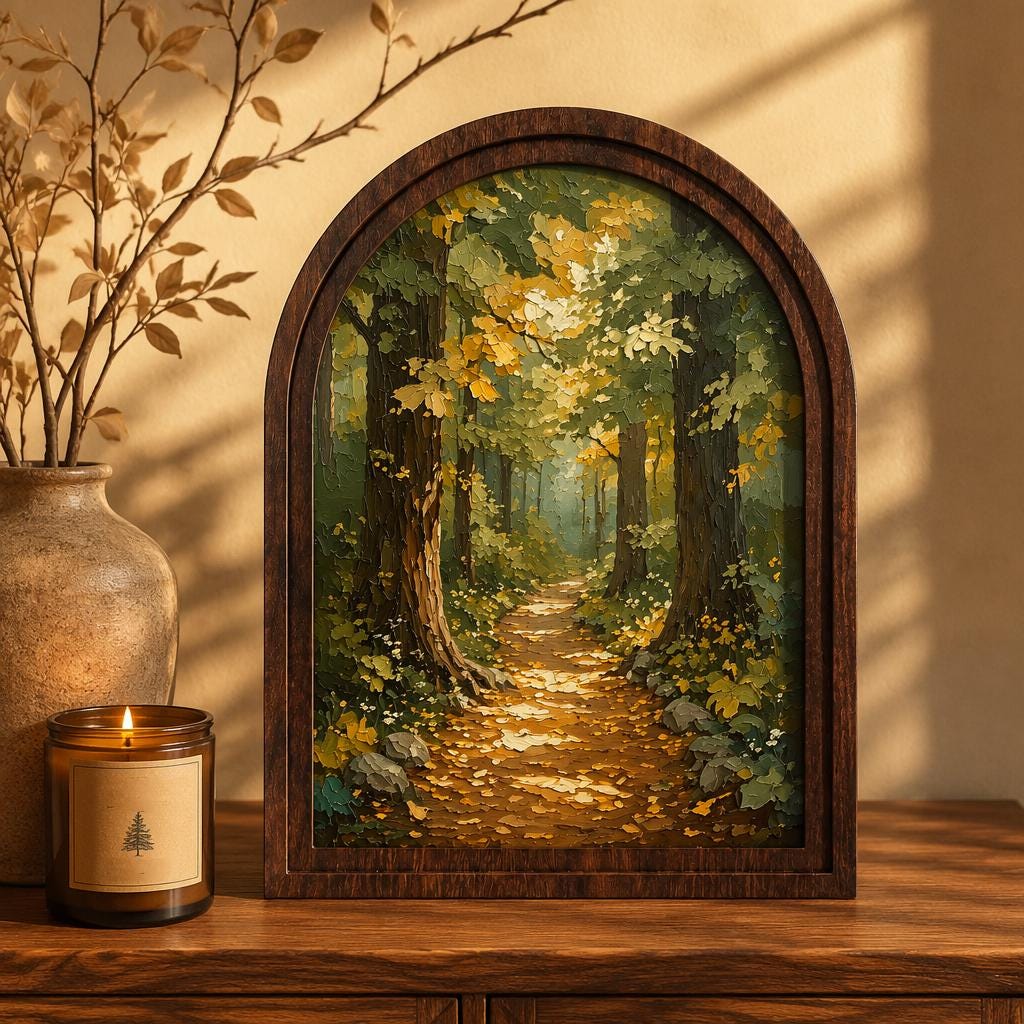 Enchanted Forest Path Wall Art in Arched Wood Frame, Vintage Woodland Landscape Canvas Print, Rustic Nature Decor, Cottagecore Wall Hanging - Image 2
