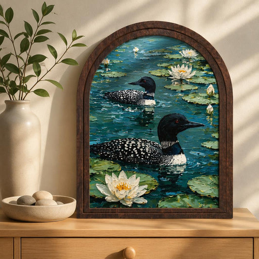 Peaceful Loon & Water Lily Wall Decor, Vintage Arched Wood Frame, Serene Lake Wildlife Artwork, Cottagecore Nature Decor for Living Room - Image 1