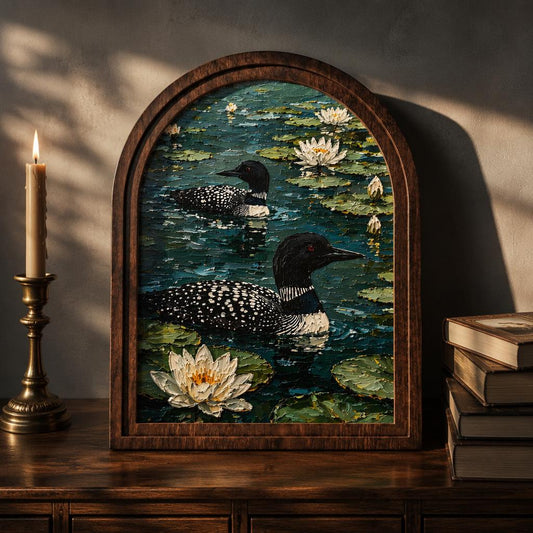 Peaceful Loon & Water Lily Wall Decor, Vintage Arched Wood Frame, Serene Lake Wildlife Artwork, Cottagecore Nature Decor for Living Room - Image 2