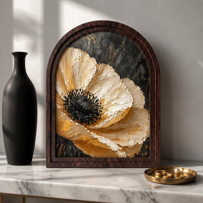 Vintage Poppy Flower Wall Art, Arched Wood Framed, Cream Botanical Floral Painting, Rustic Farmhouse Cottagecore Decor - Image 1