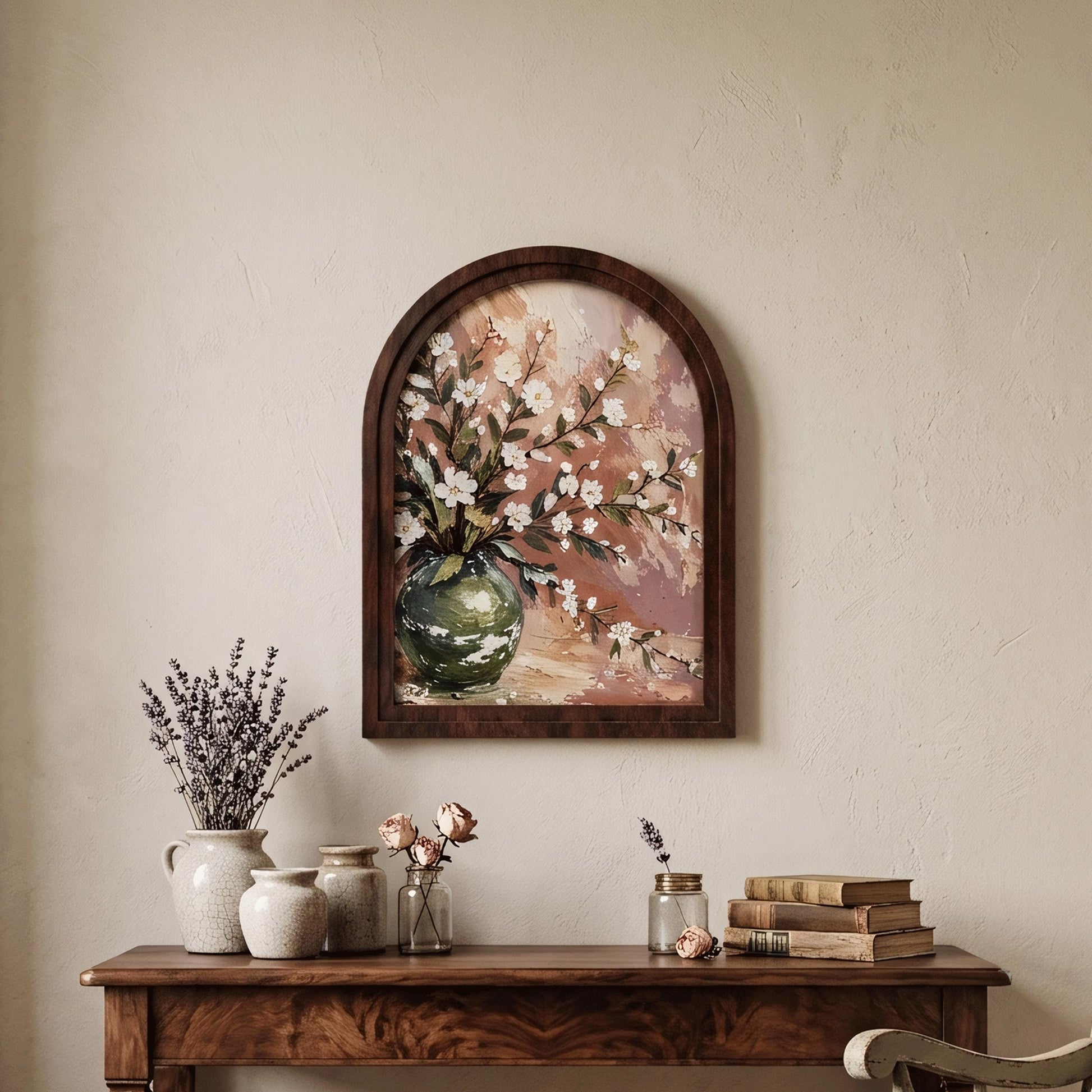 Arched Framed Floral Still Life Wall Art, White Blossom Bouquet in Green Vase, Vintage Botanical Painting, Neutral Home Decor - Image 4
