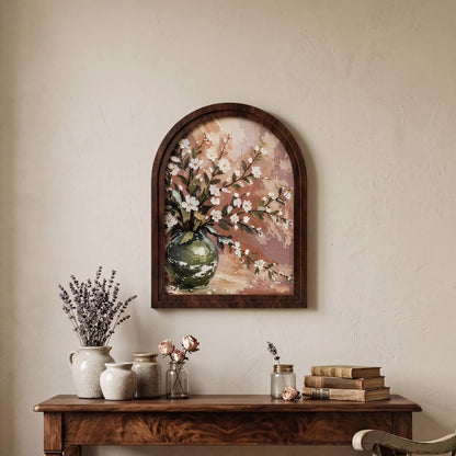 Arched Framed Floral Still Life Wall Art, White Blossom Bouquet in Green Vase, Vintage Botanical Painting, Neutral Home Decor - Image 4