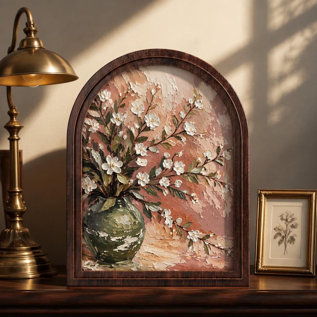 Arched Framed Floral Still Life Wall Art, White Blossom Bouquet in Green Vase, Vintage Botanical Painting, Neutral Home Decor - Image 1