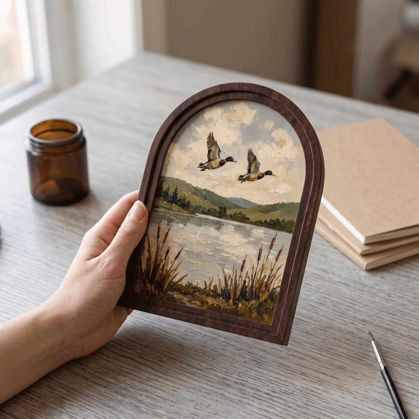 Mallard Ducks Over the Lake Wall Art, Arched Wooden Frame Vintage Wildlife Print, Serene Nature Landscape Decor for Living Room, Bedroom - Image 4