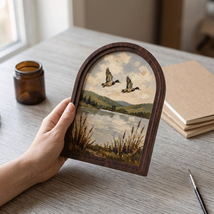 Mallard Ducks Over the Lake Wall Art, Arched Wooden Frame Vintage Wildlife Print, Serene Nature Landscape Decor for Living Room, Bedroom - Image 4