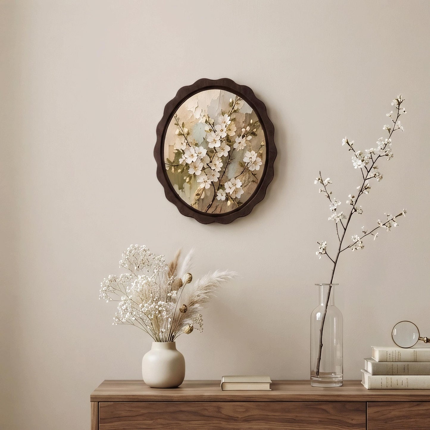 White Floral Wall Art, Wavy Oval Wood Framed Canvas, Vintage Botanical Painting, Cottagecore Farmhouse Decor, Nature Lover Gift - Image 4