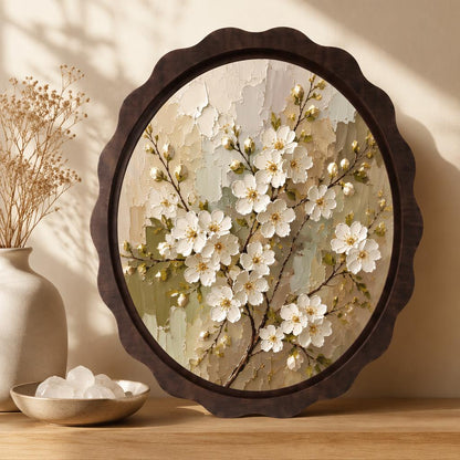 White Floral Wall Art, Wavy Oval Wood Framed Canvas, Vintage Botanical Painting, Cottagecore Farmhouse Decor, Nature Lover Gift - Image 1