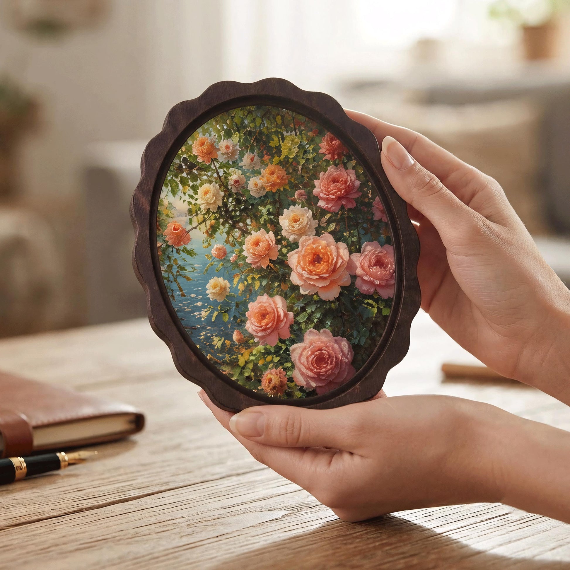 Botanical Rose Wall Art, Wavy Oval Wood Framed Canvas, Vintage Floral Painting, Cottagecore Botanical Decor, Flower Lover Gift - Image 4