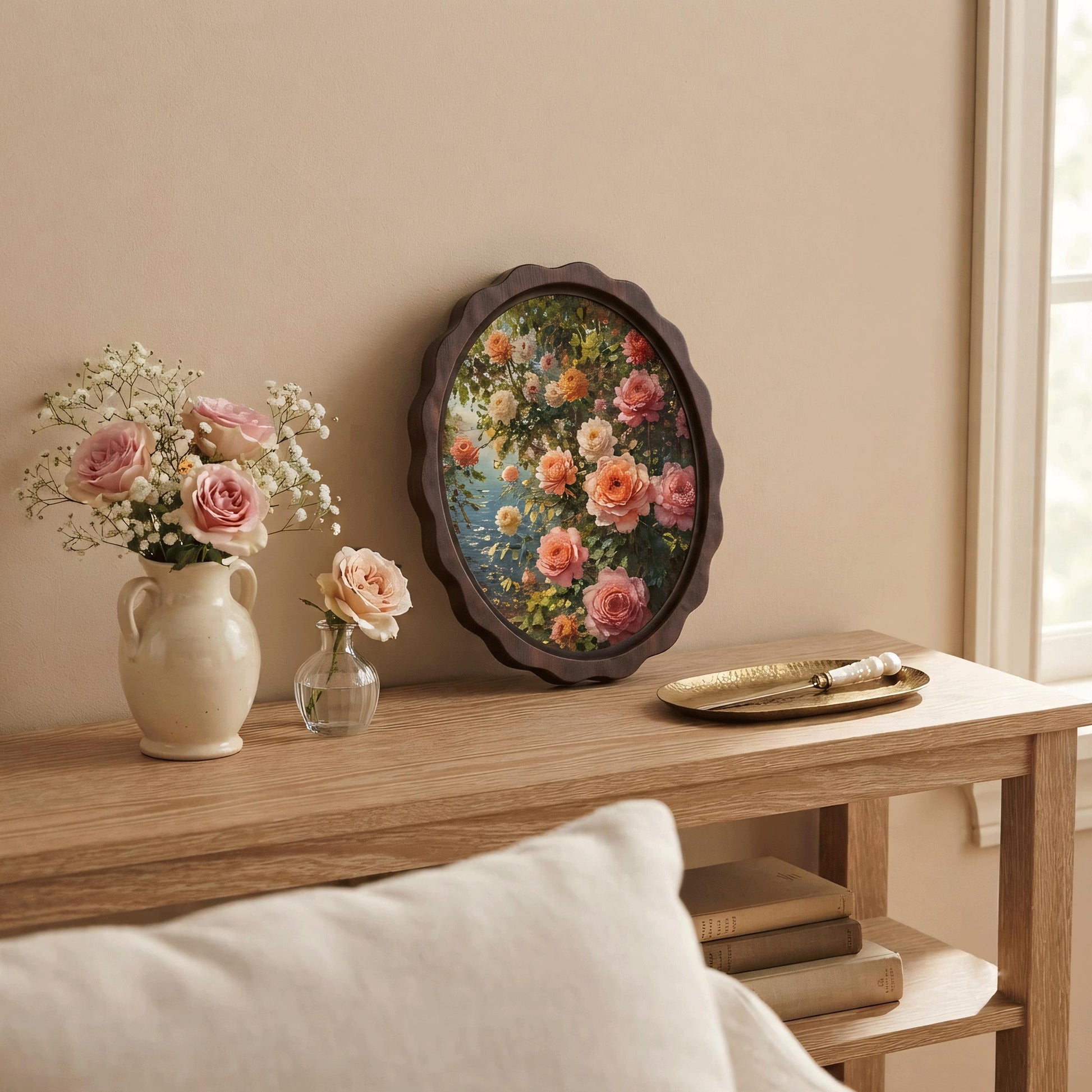 Botanical Rose Wall Art, Wavy Oval Wood Framed Canvas, Vintage Floral Painting, Cottagecore Botanical Decor, Flower Lover Gift - Image 7