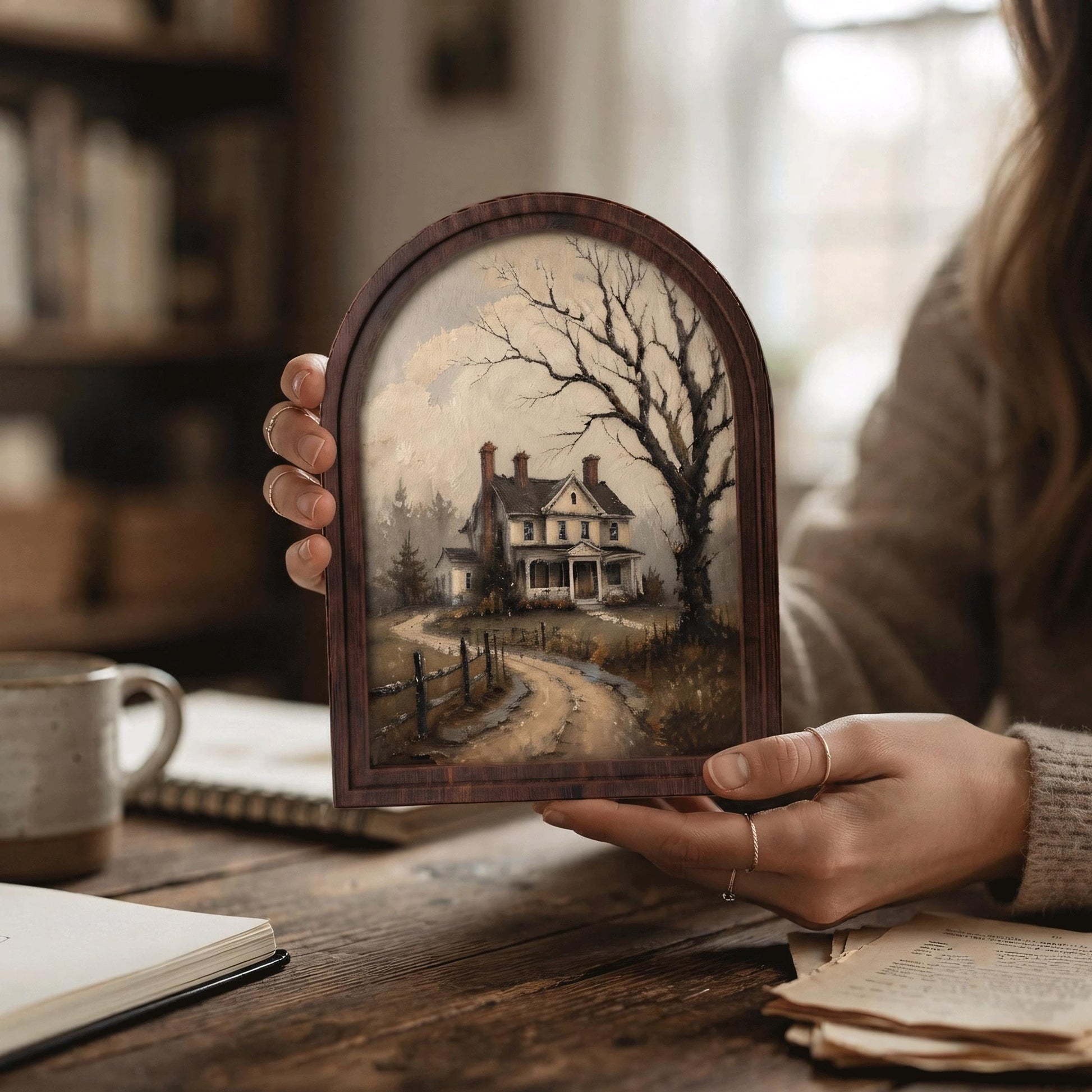 Moody Victorian House Wall Art, Rustic Country Cottage Landscape, Arched Wood Frame, Vintage Farmhouse Decor, Gothic Home Accent - Image 3